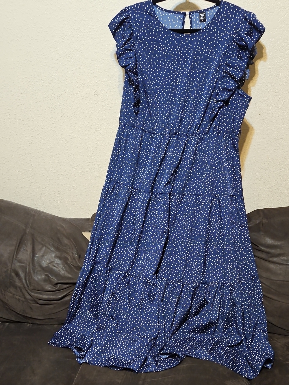 Polka Dot Ruffle Sleeve Maxi Dress in Navy